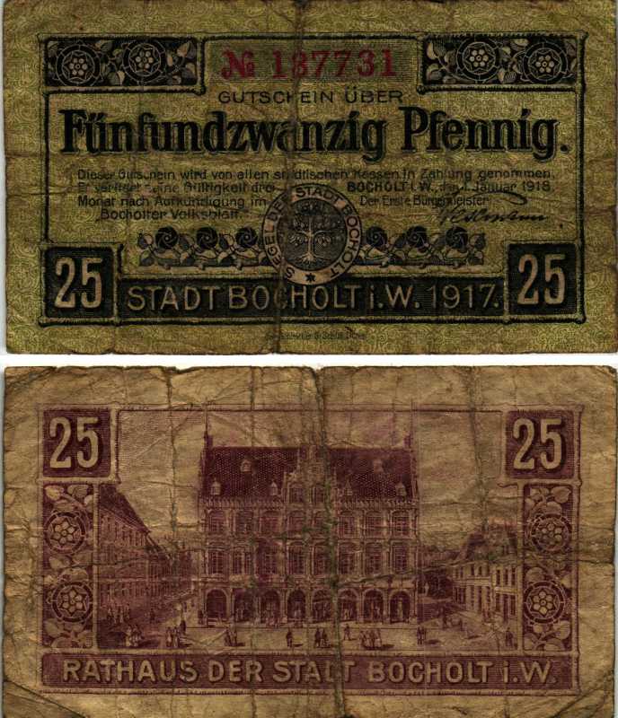 БОХОЛЬТ 25 ПФЕННИГОВ 1918 1 ЯНВАРЯ 1918, НОТГЕЛЬД, ЗЕМЛЯ СЕВЕРНЫЙ РЕЙН-ВЕСТФАЛИЯ Keller В67.1а бумага 6318-11-1-2