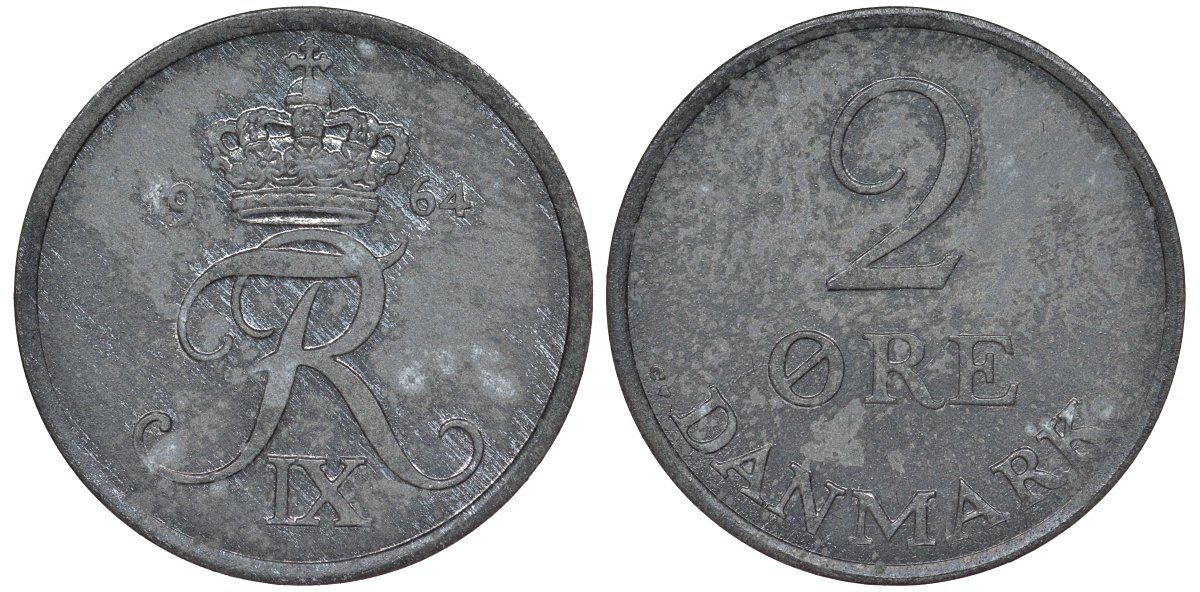 Дания 2 эре 1964 KM 840 цинк 77-347