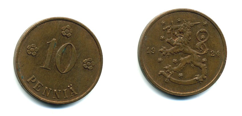 Финляндия 10 пенни 1924 республика (1918-1962) KM 24 медь 46-2612