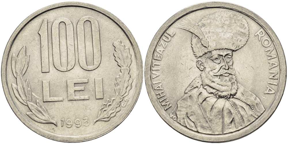 Румыния 100 леев 1993 Михай Храбрый (1558-1601) KM 111 сталь плакированная никелем 4517-636