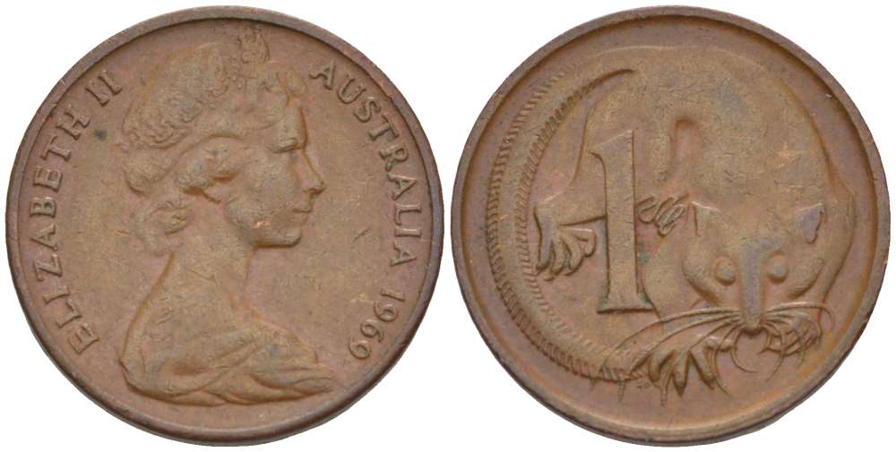 АВСТРАЛИЯ 1 ЦЕНТ 1969 ЕЛИЗАВЕТА II (1952-) МОЛОДОЙ ПОРТРЕТ, ОПОССУМ KM 62 бронза 4516-626