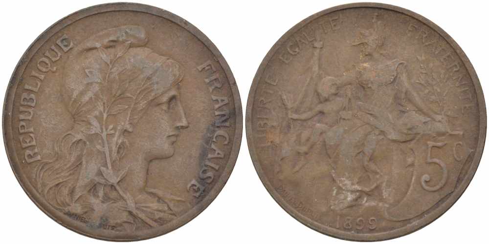 ФРАНЦИЯ 5 САНТИМОВ 1899 ТИП ДАНИЭЛЬ ДЮПЮИ KM 842, LE FRANC 119.7 бронза 108-817