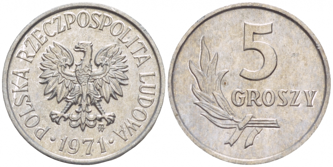 ПОЛЬША 5 ГРОШЕЙ 1971 MW KM А46 алюминий UNC 4549-115