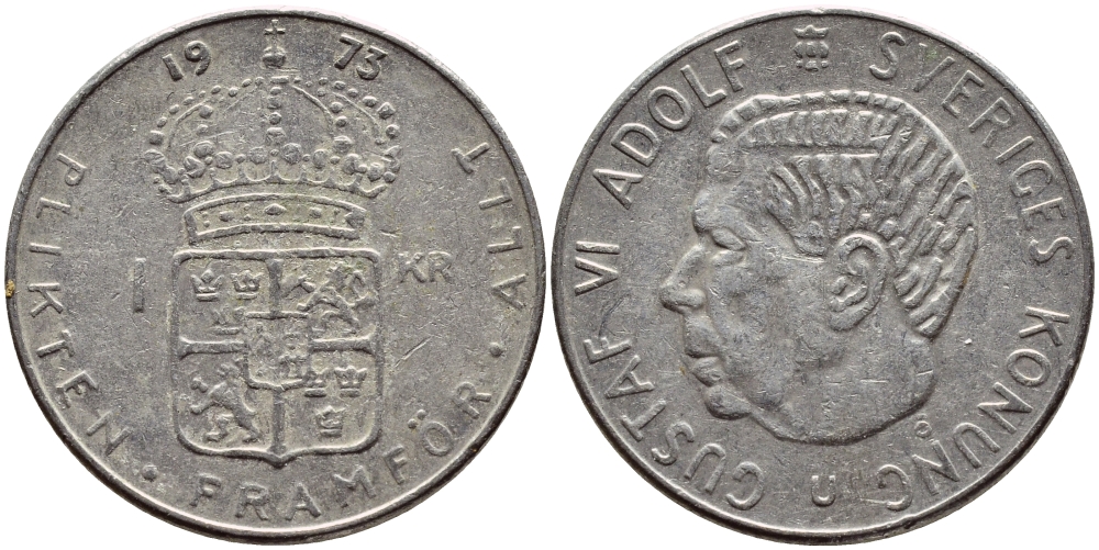 Швеция 1 крона 1973 Густав VI Адольф (1950-1973) KM 826а медь плакированная медно-никелем 4395-524