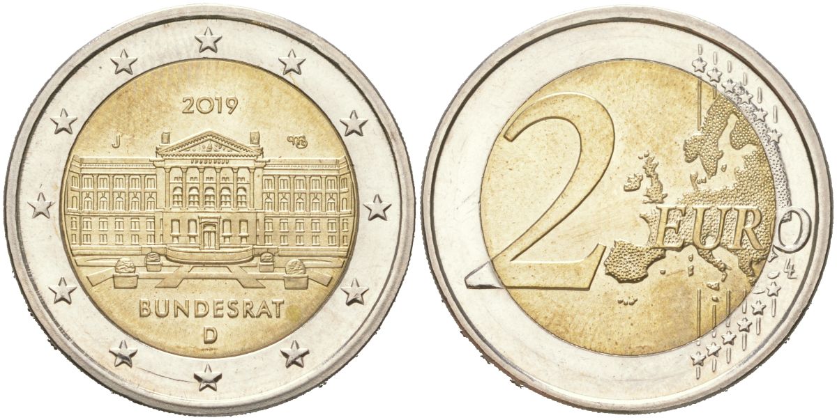 Германия 2 евро 2019 J, 70 лет Бундесрату KM 389 биметал UNC 4155-125