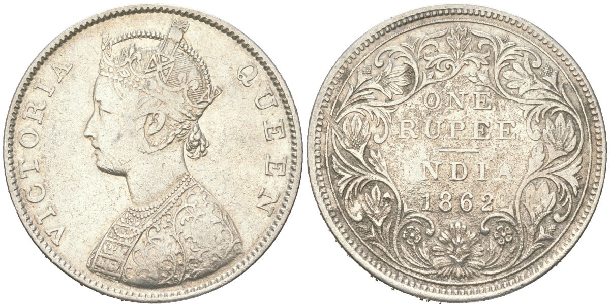 Британская Индия 1 рупия 1862 Виктория (1837-1901) KM 473 серебро 77-125