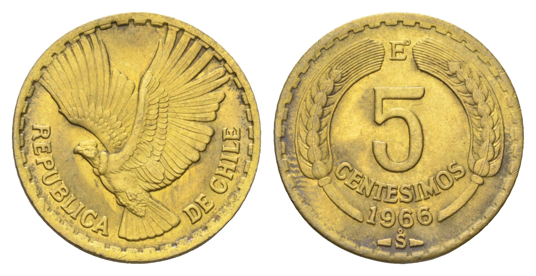 Чили 5 сентесимо 1966 KM 190 алюминиевая бронза UNC 4662-541