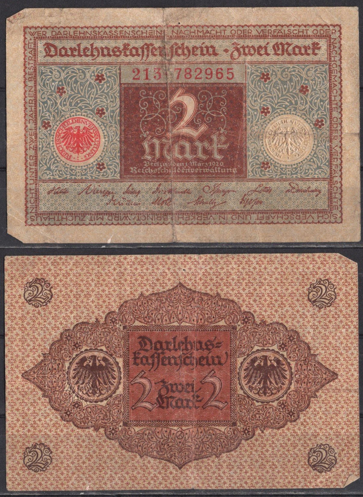 Германия 2 марки 1920 Pick 60 бумага 2192-3-2-1