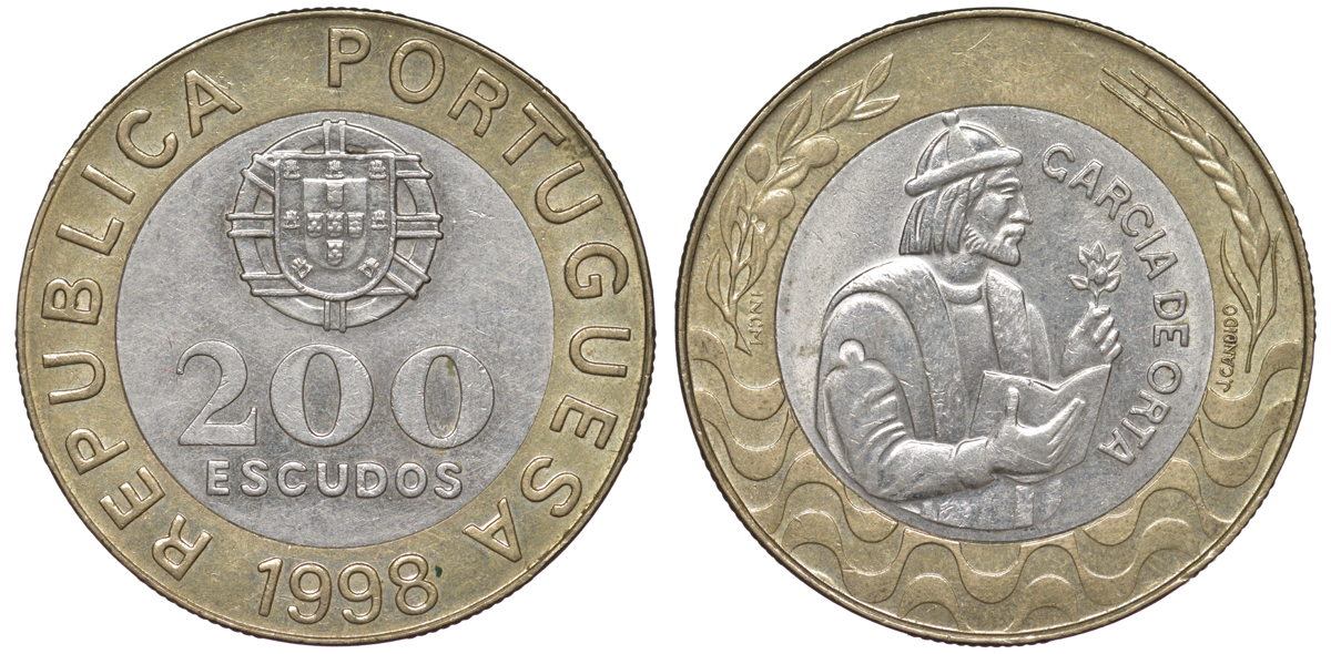 Португалия 200 эскудо 1998 Гарсия Де Орта (1501-1568) KM 655 биметалл 4536-146