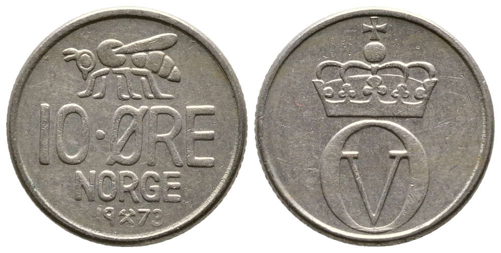Норвегия 10 эре 1973 пчела, Улаф V (1958-1991) KM 411 медно-никель 220-465