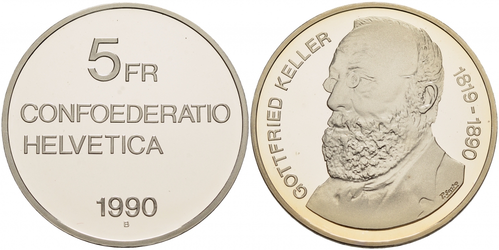 ШВЕЙЦАРИЯ 5 ФРАНКОВ 1990 ГОТФРИД КЕЛЛЕР KM 69 медно-никель PROOF 1087-3-43