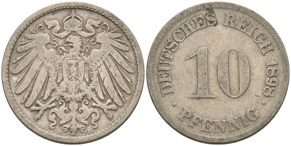Германия 10 пфеннигов 1898 D KM 12, J. 13 медно-никель 4575-551