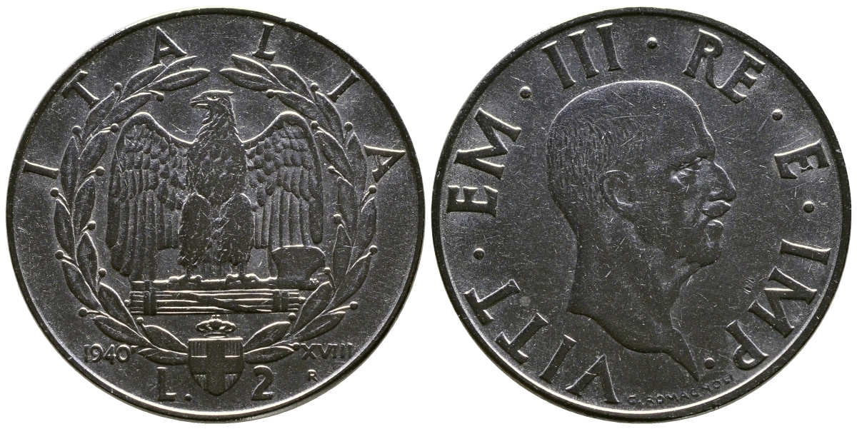 Италия 2 лиры 1940 R, VIII год, Виктор Эммануил III (1900-1946), не магнитная KM 78а нержавеющая сталь 4680-413