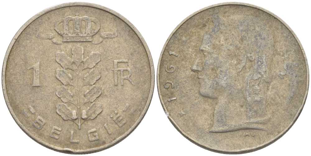 БЕЛЬГИЯ 1 ФРАНК 1961 BELGIE, БОДУЭН I (1951-1993) KM 143.1 медно-никель 119-556