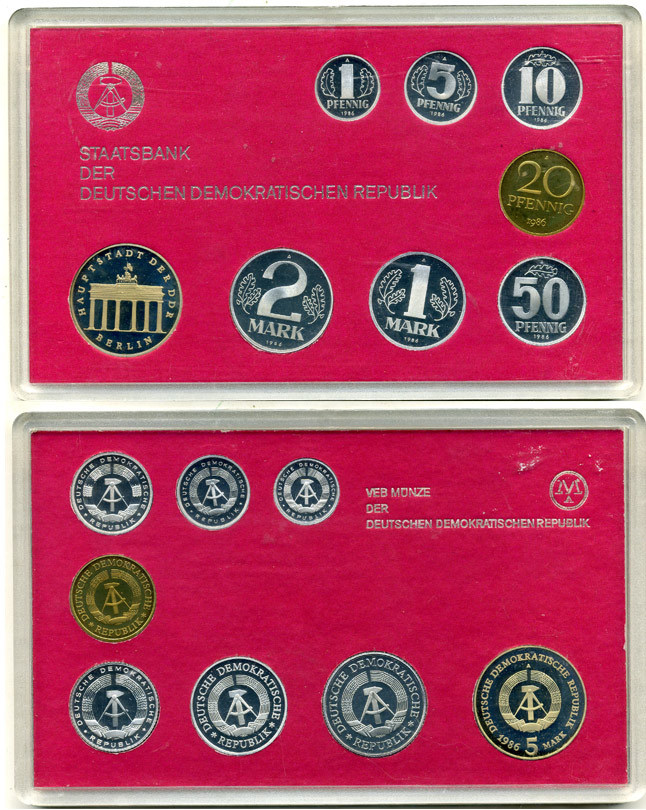 ГДР официальный набор из 8 монет включая 5 марок Бранденбургские ворота 1986 тираж 2800 экземпляров, твердый пластик KM PS 7 PROOF 4-3-5-27
