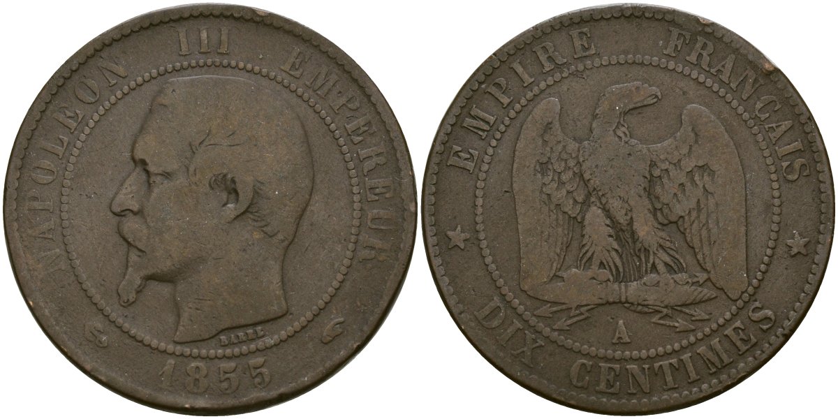 Франция 10 сантимов 1855 A- Париж, Наполеон III (1852 - 1870) KM 771 бронза 4168-542