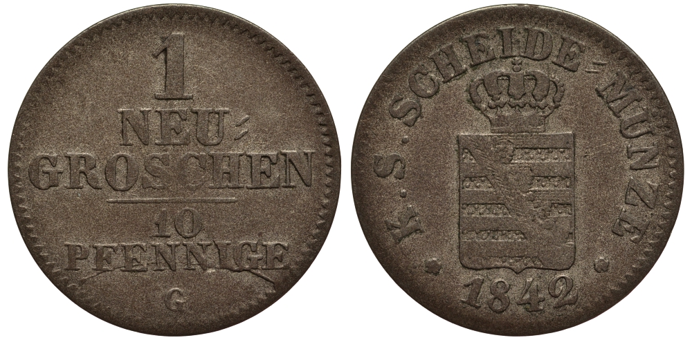 Саксония 1 новый грош - 10 пфеннигов 1842 Фридрих Август II (1797-1854) KM 1159, J. 82 серебро 1517-612