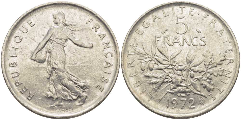ФРАНЦИЯ 5 ФРАНКОВ 1972 СЕЯТЕЛЬ KM 926а.1, LE FRANC 341.4 медно-никель плакированный никелем 111-1141