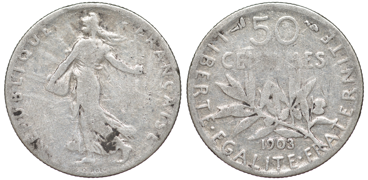 ФРАНЦИЯ 50 САНТИМОВ 1903 KM 854 серебро 4178-269