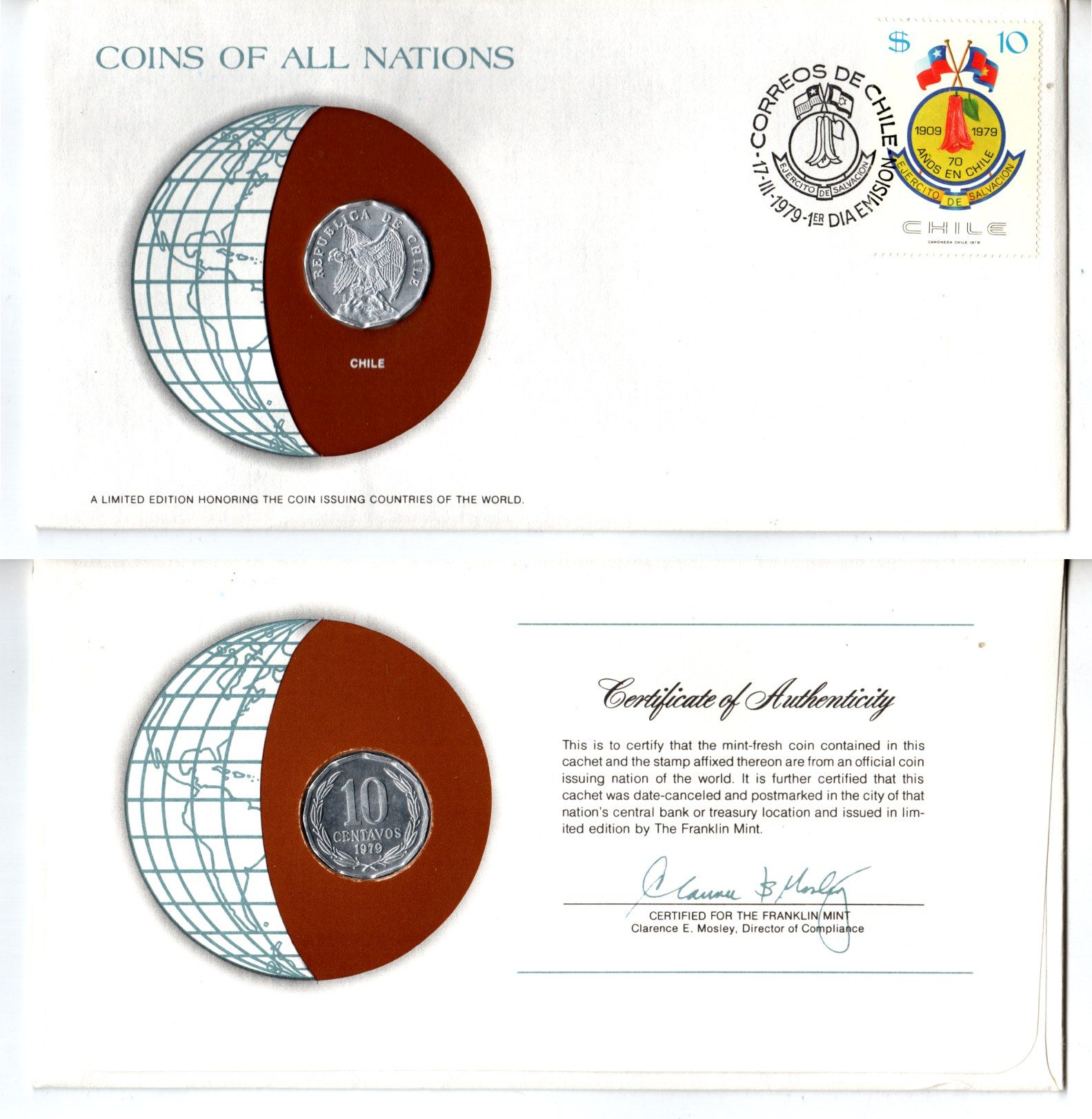 Чили 10 сентаво 1979 конверт с маркой первого дня гашения, Coins of Nations KM 205a алюминий UNC 4295-14-3
