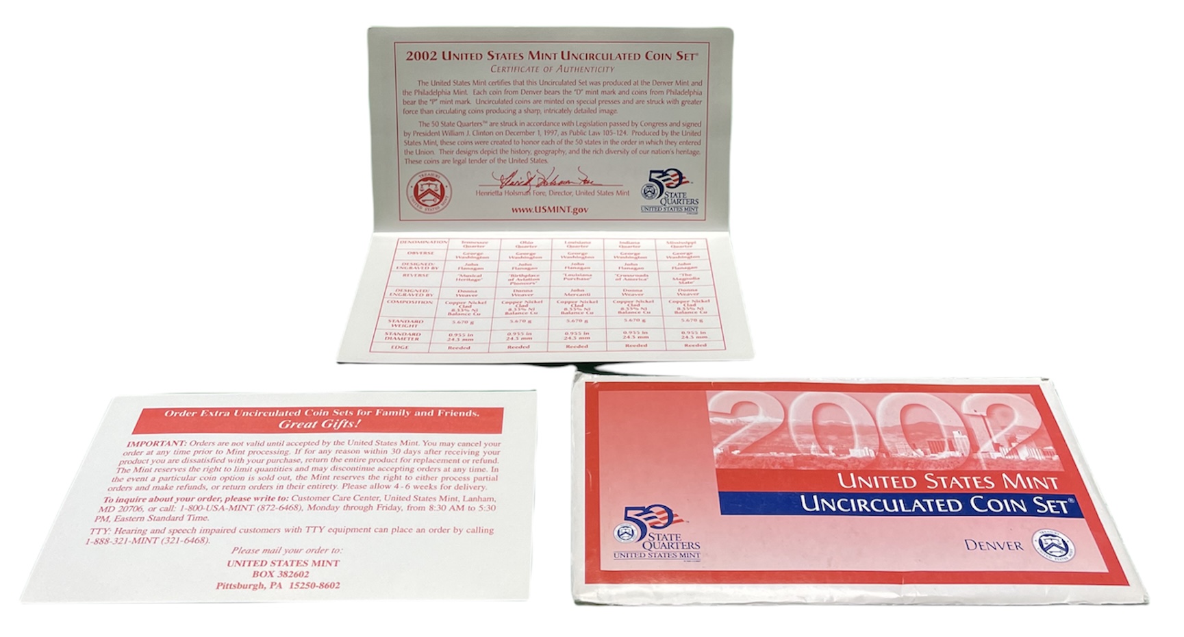 США два набора в одном 2002 два официальных набора в целлофановой запайке, буква D, годовой набор и пять квотеров, штат Миссисипи, Луизиана, Огайо, Теннеси, Индиана, в конверте с сертификатом, Денвер  медь плакированная медно-никелем UNC 7-5-6-31