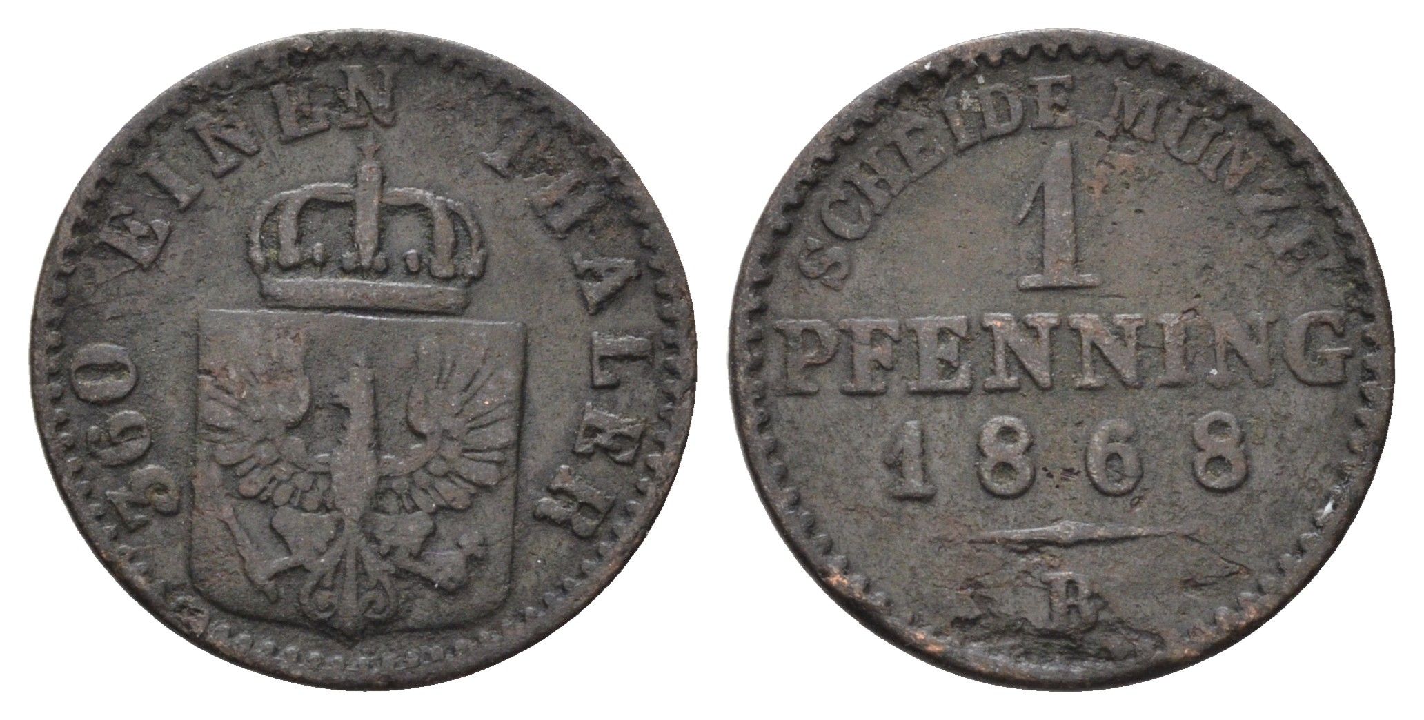 Пруссия 1 пфенниг 1868 B KM 480 медь 4682-927