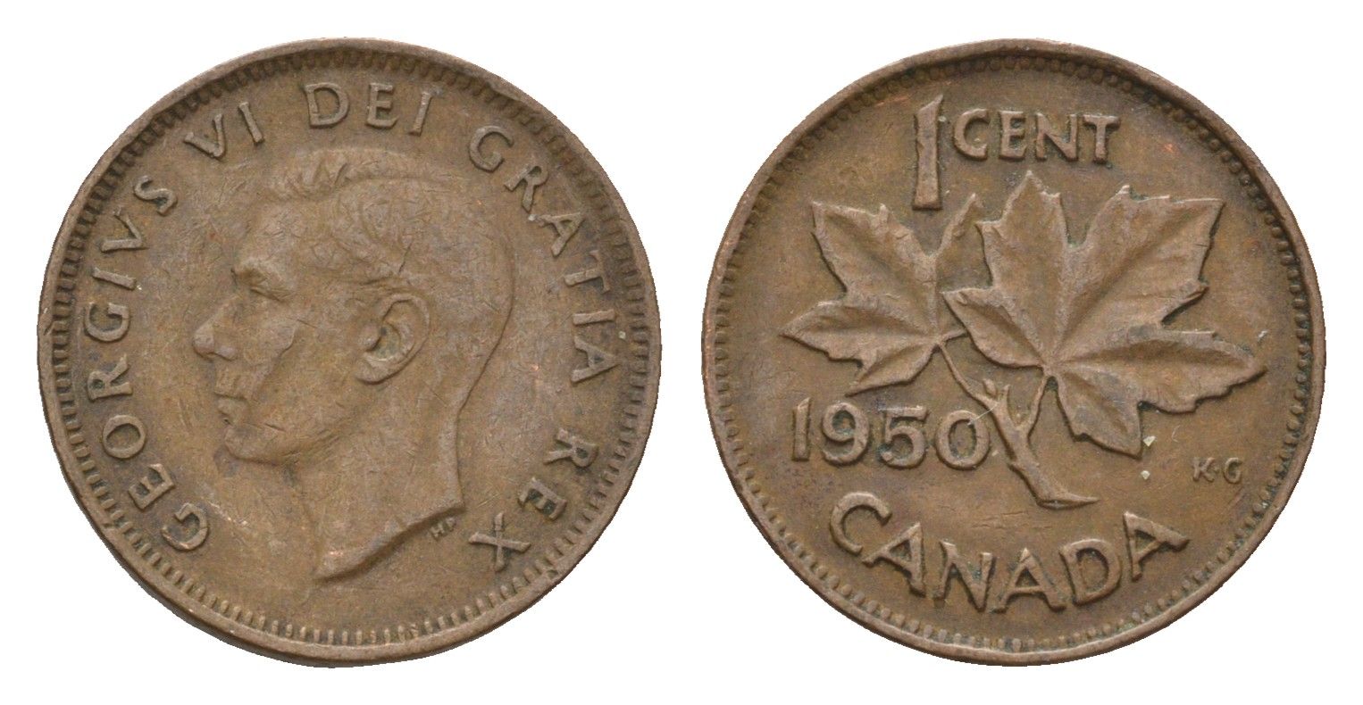 Канада 1 цент 1950 Георг VI (1937-1952), кленовый лист KM 41 бронза 4669-1156