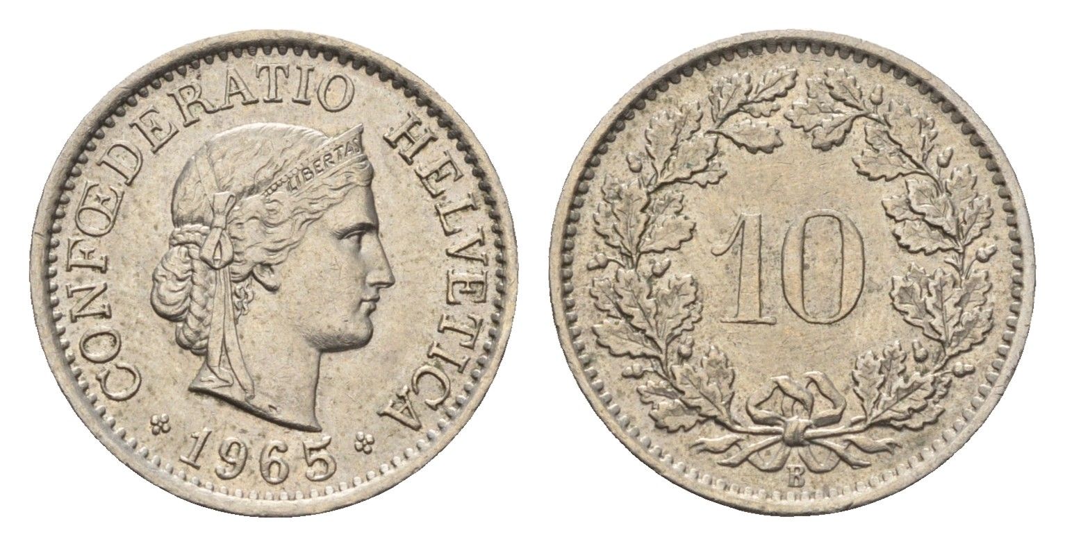 Швейцария 10 раппенов 1965 KM 27 медно-никель 4685-252