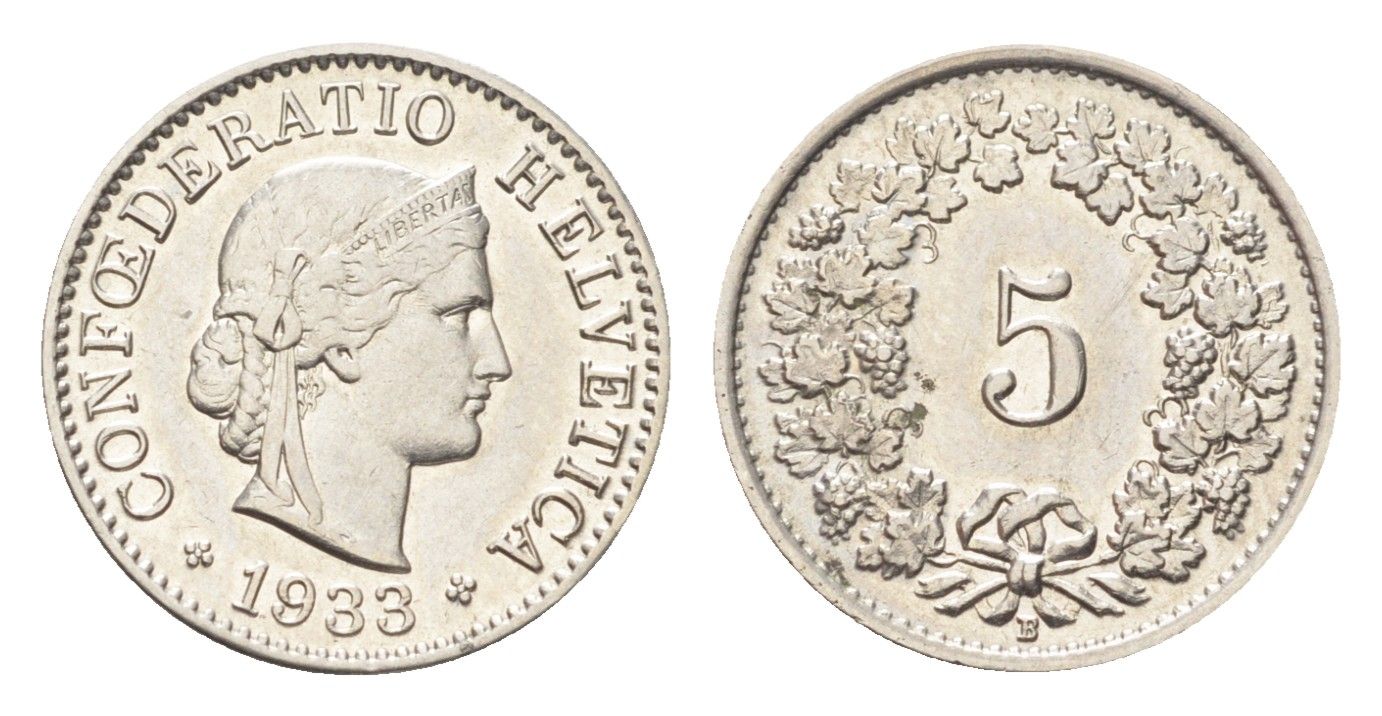 Швейцария 5 раппенов 1933 B KM 26b никель 4705-1227