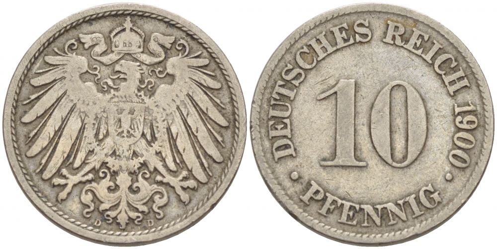 ГЕРМАНИЯ 10 ПФЕННИГОВ 1900 D KM 12, J. 13 медно-никель 77-946