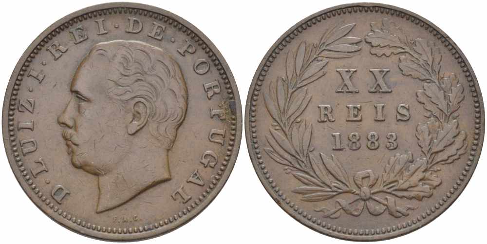 Португалия 20 рейсов 1883 Луиш (Людовик) I (1861-1889) KM 527 бронза 109-435