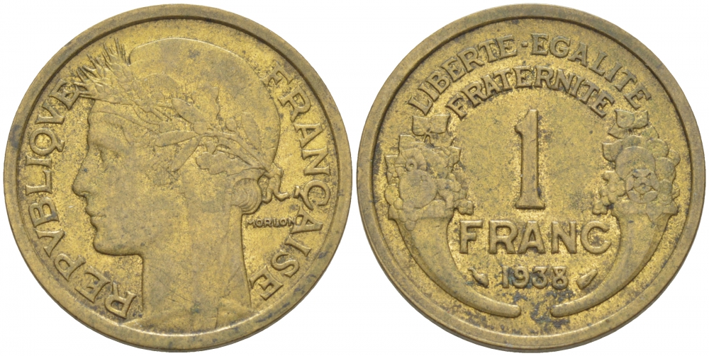 ФРАНЦИЯ 1 ФРАНК 1938 ТИП MORLON KM 885, LE FRANC 219.9 алюминиевая бронза 213-1211