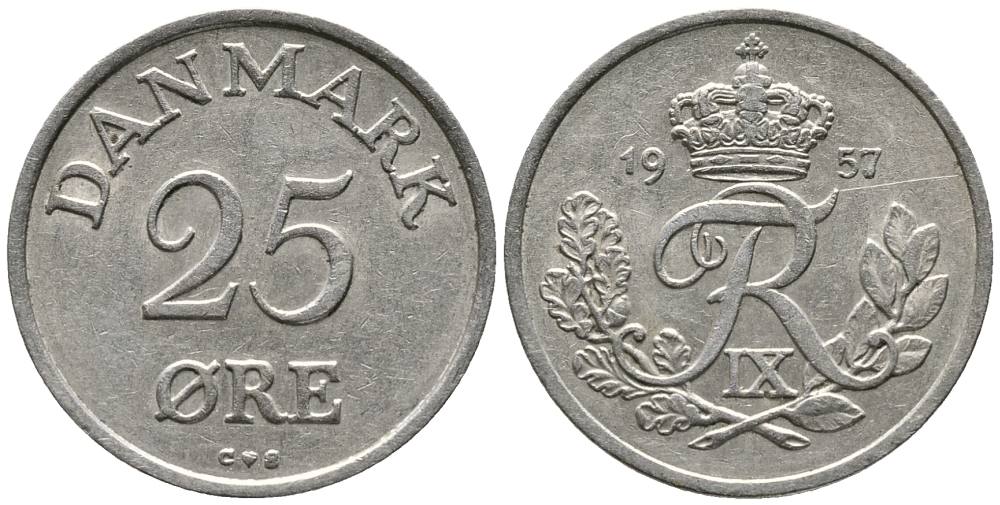 ДАНИЯ 25 ЭРЕ 1957 C; S, ФРЕДЕРИК IX (1947-1972) KM 842.2 медно-никель 28-1122