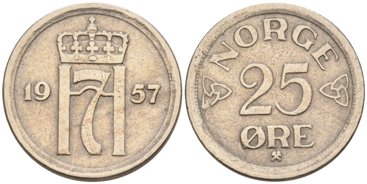 Норвегия 25 эре 1957 Хокон VII (1905-1957) KM 401 медно-никель 4580-1026