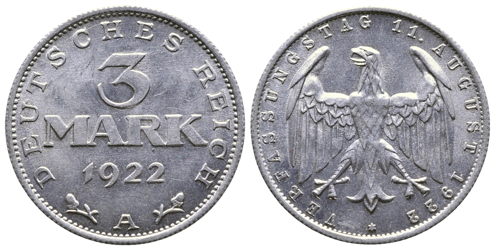 Германия 3 марки 1922 А, третья годовщина Веймарской Конституции KM 29, J. 303 алюминий 4380-734