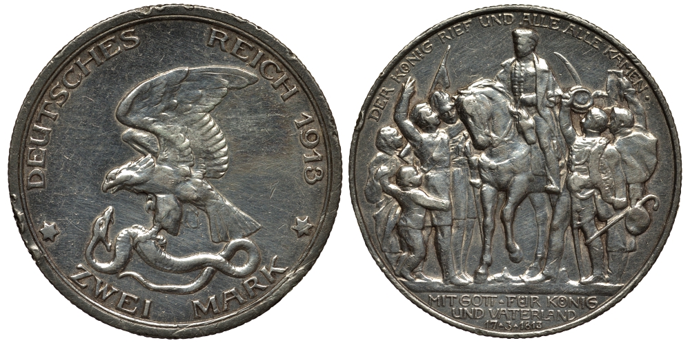 Пруссия 2 марки 1913 A, Вильгельм II (1888-1918), 100 лет победы над Наполеоном J.109, Weege 109, KM 532 серебро 1529-321