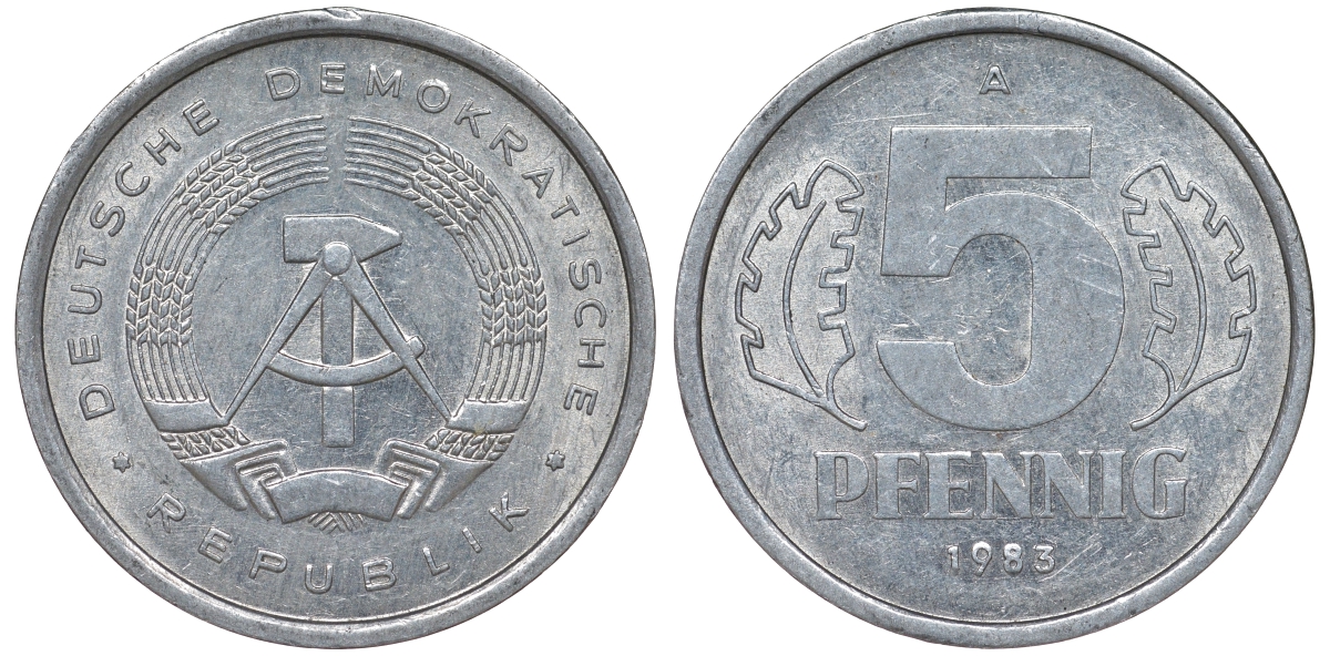 ГДР 5 ПФЕННИГОВ 1983 A КМ 9.2 алюминий 62-517