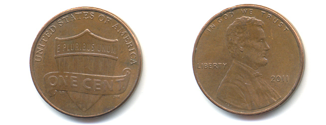 США 1 ЦЕНТ 2011 ЛИНКОЛЬН, ЩИТ KM 469 цинк плакированный медью 86-358