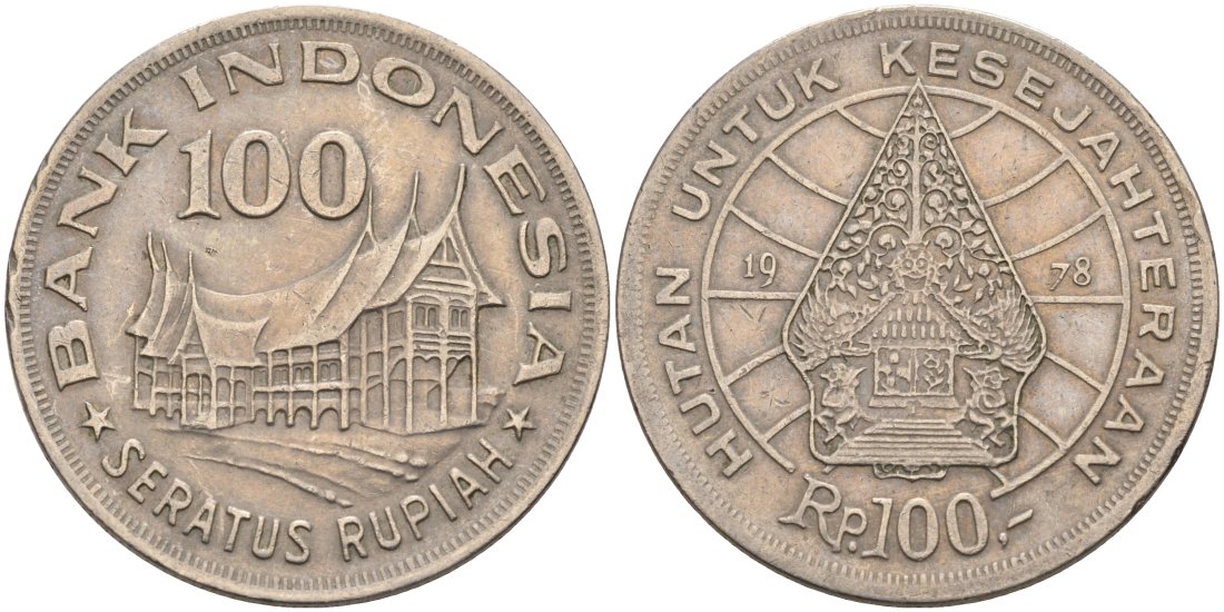 Индонезия 100 рупий 1978 хижина Минангкабау, легендарное дерево жизни KM 42 медно-никель 4572-922