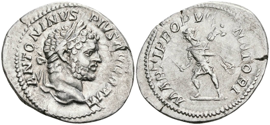 Римская Империя денарий 210 - 213 Каракалла MARTI PROPVGNATORI Марс с трофеем Рим Good Very fine RIC 223 серебро 1073-4-103