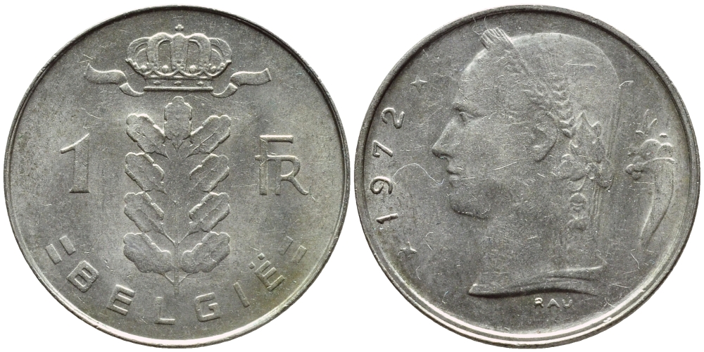 БЕЛЬГИЯ 1 ФРАНК 1972 BELGIE KM 143.1 медно-никель 4395-437
