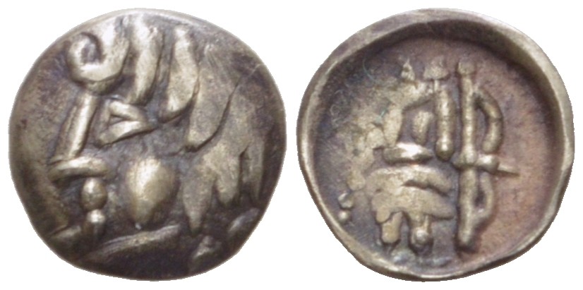 Древняя Греция, Скифия обол 250 - 130 гг. до н.э. Согдиана, Скифская Даха, голова/лучник, 0,34 гр MACW 350 серебро 1073-11-74