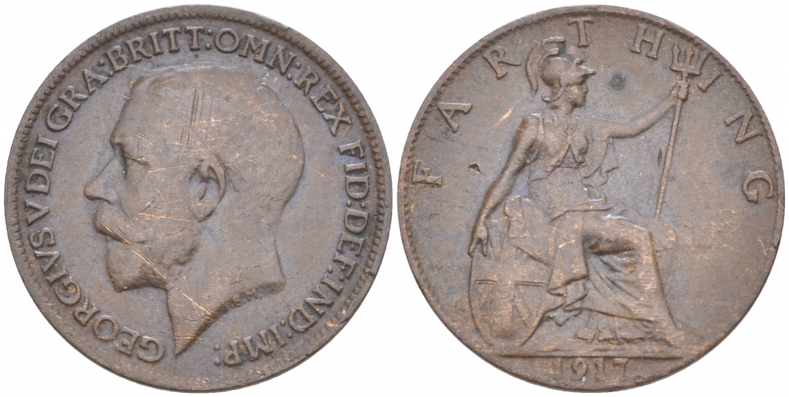 Великобритания 1 фартинг 1917 Георг V (1910-1936), темная отделка KM 808.1, Spink 4059 бронза 4549-163