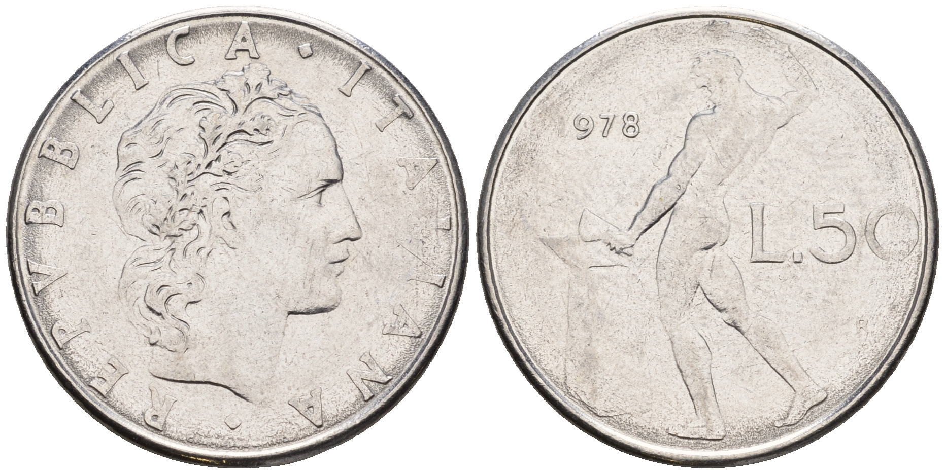 Италия 50 лир 1978 R, бог огня Вулкан у наковальни KM 95.1 нержавеющая сталь 259-136
