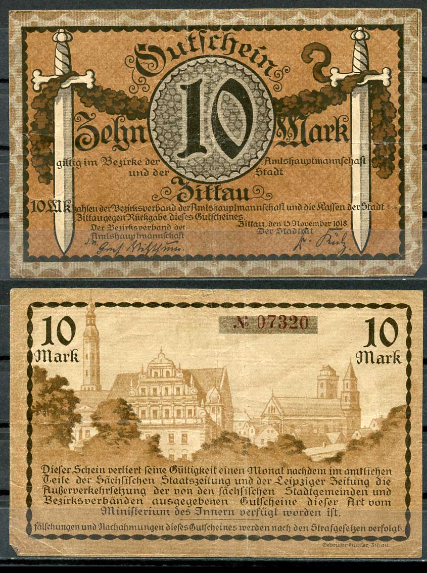 Германия, Циттау 10 марок 1918 нотгельд, 15.11.1918 Geiger 578.02  бумага   444-119-1-2