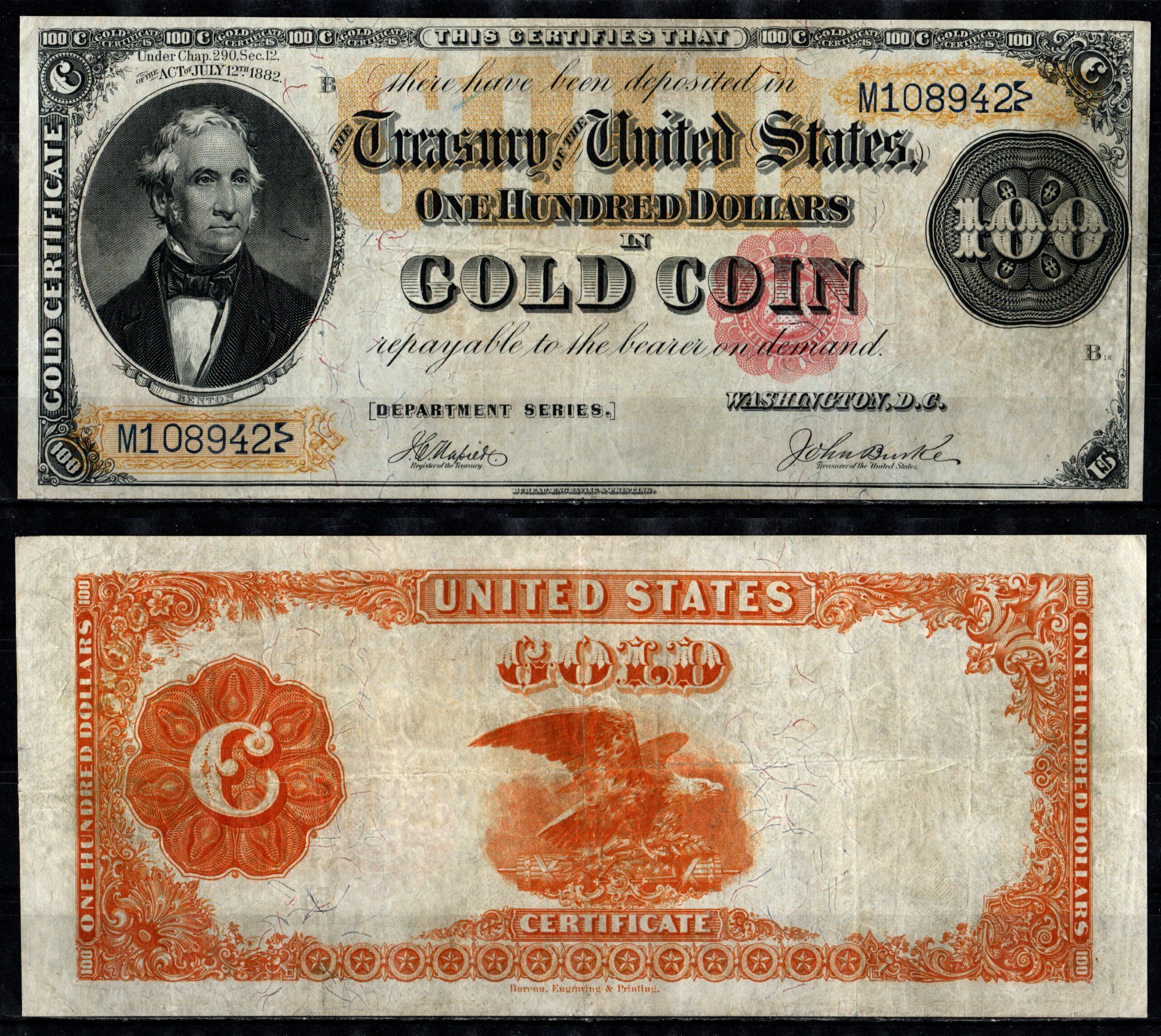 США, Gold Certificate 100 долларов 1882 Джеймс Монро Fr. 1212  бумага   10-3-15