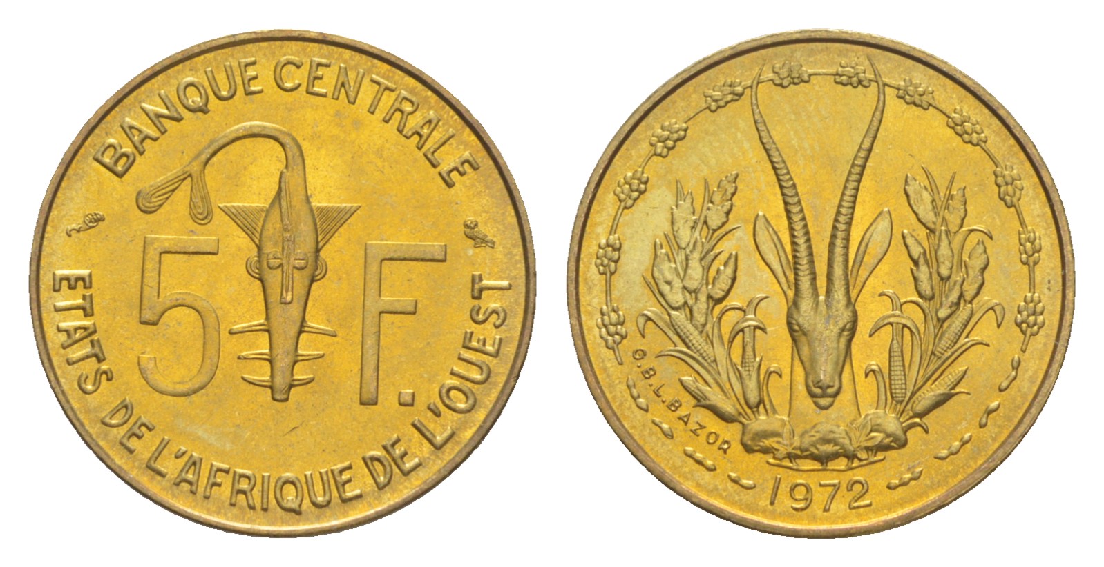 Западно-Африканские штаты 5 франков 1972  KM 2a алюминий никель бронза  UNC  M68-03