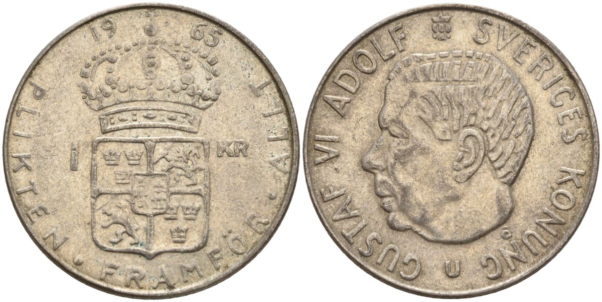 Швеция 1 крона 1965 U, Густав VI Адольф (1950-1973) KM 826 серебро 4150-155