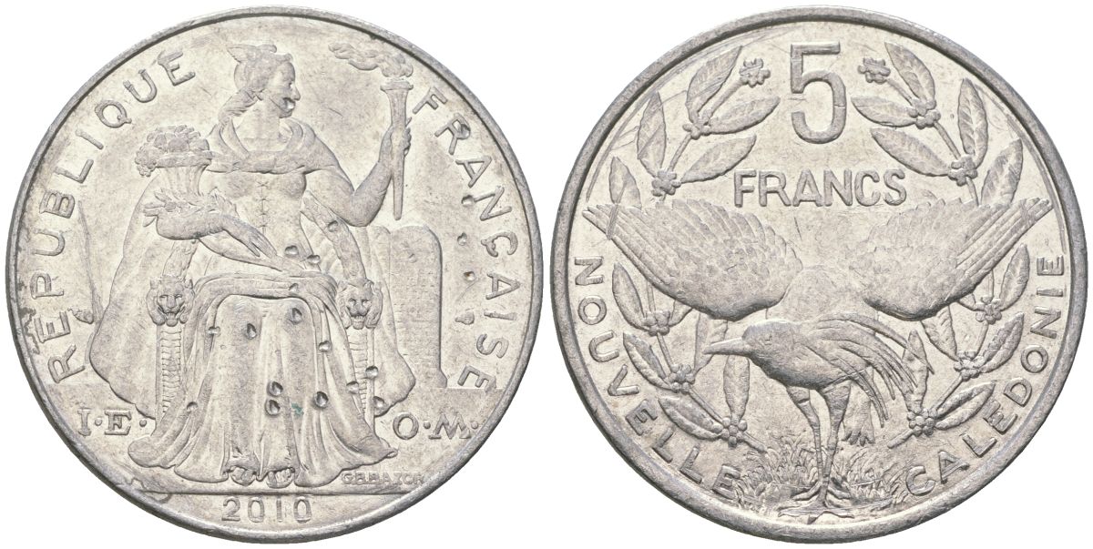 Французская Новая Каледония 5 франков 2010 птица кагу, (IEOM) KM 16, Schoen 12, Lec 81k алюминий 4111-731