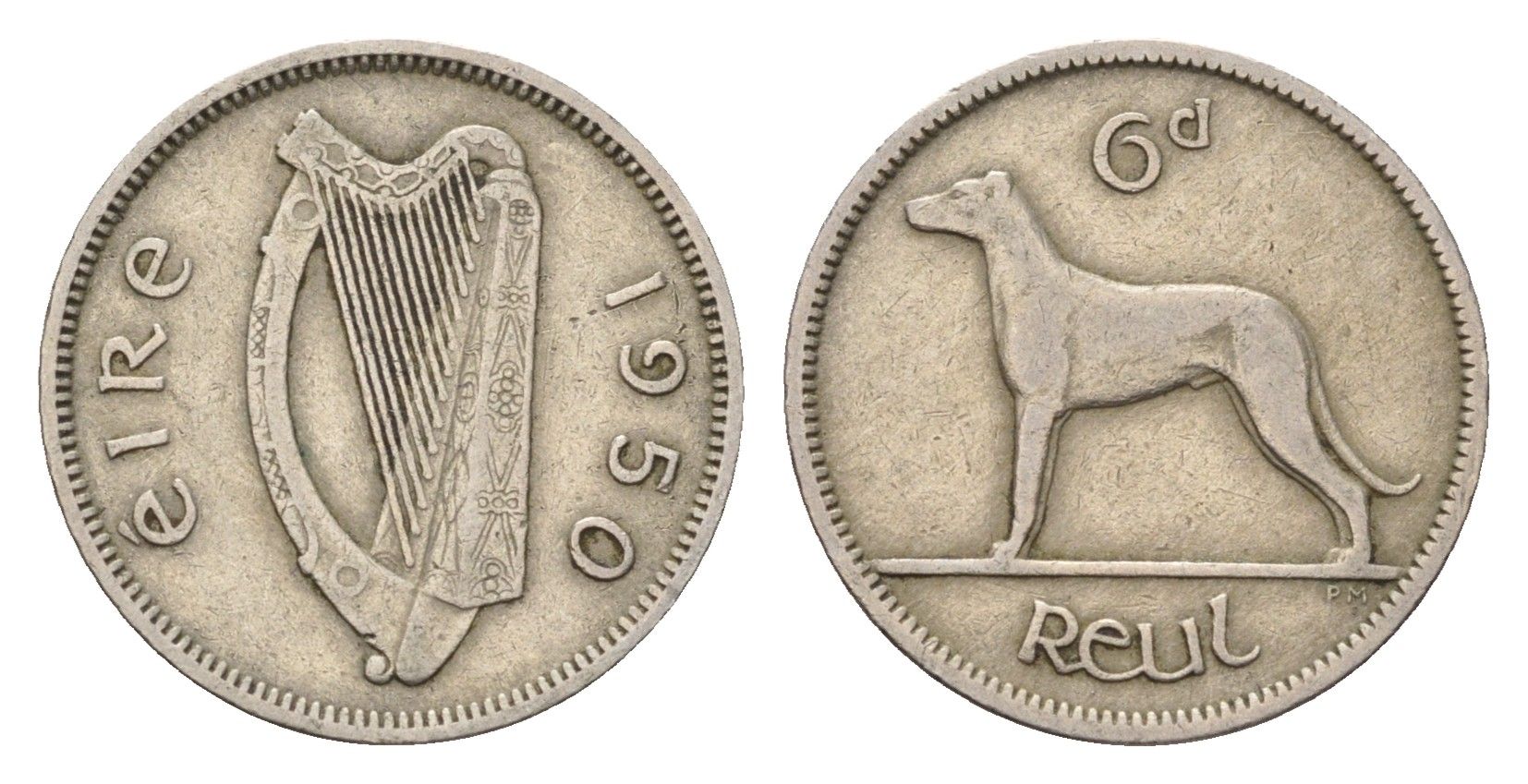 Ирландия 6 пенсов 1950 собака, ирландский волкодав KM 13a медно-никель 4696-518